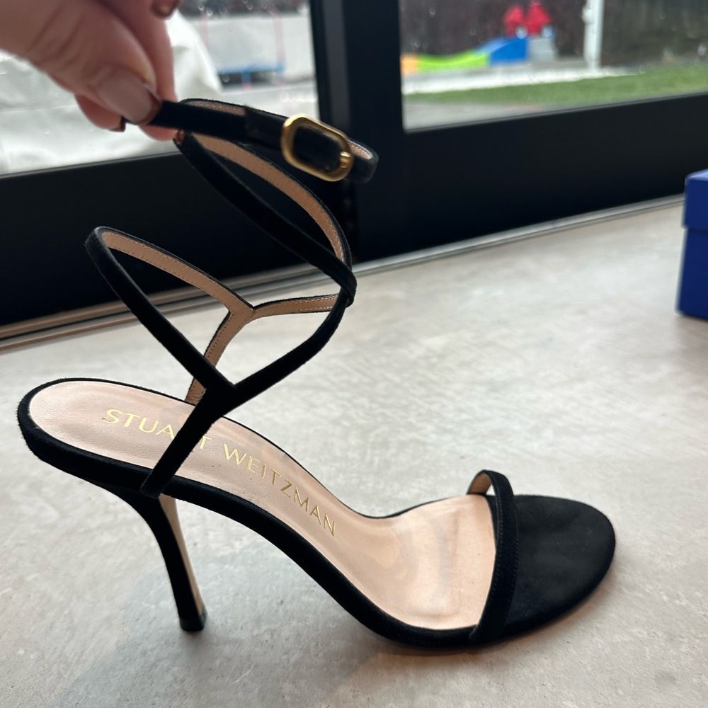 Stuart Weitzman Merinda Wrap Ankle Sandals in black suede